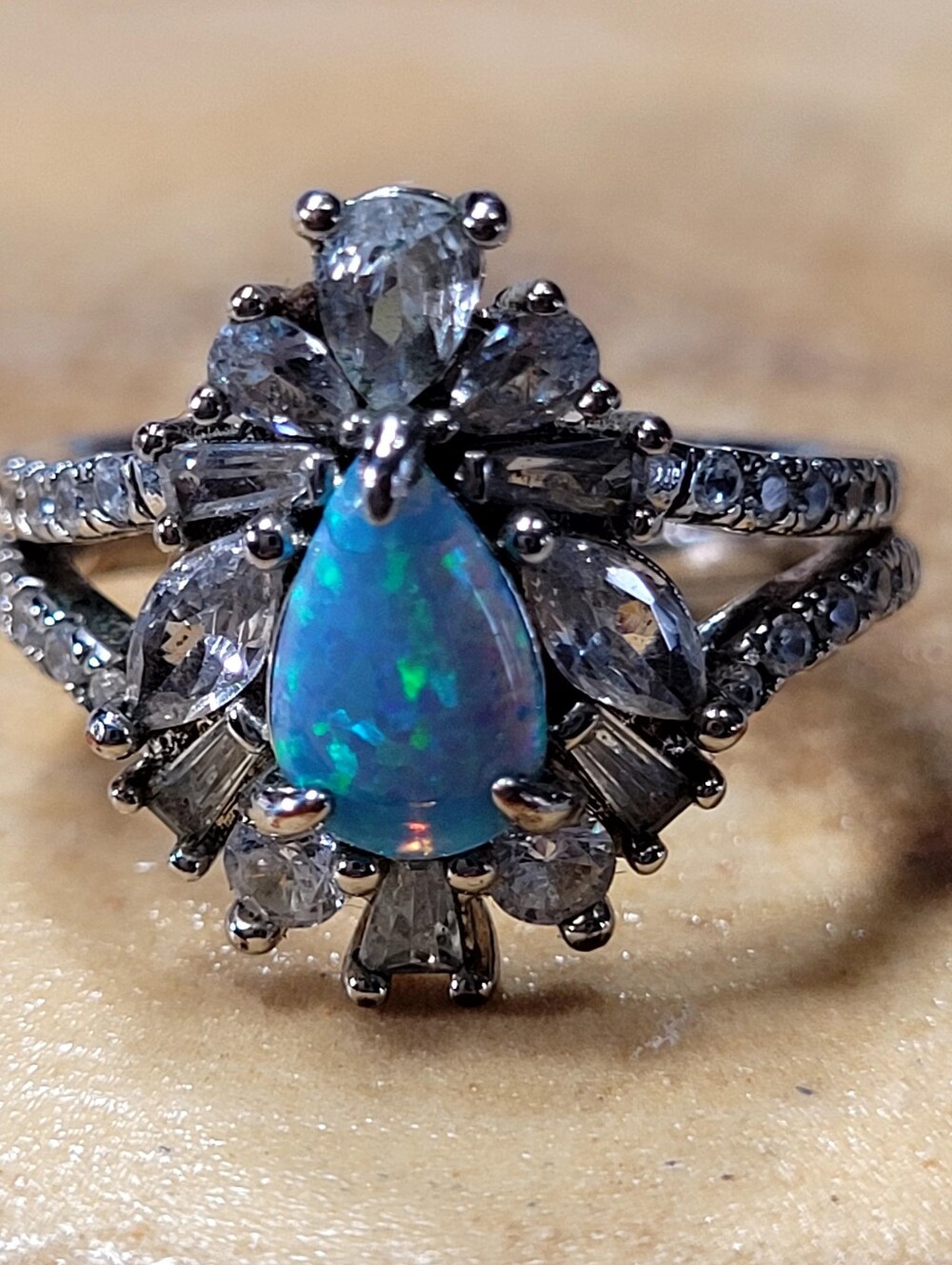 Teardrop Blue Opal Halo Ring - Women Jewelry